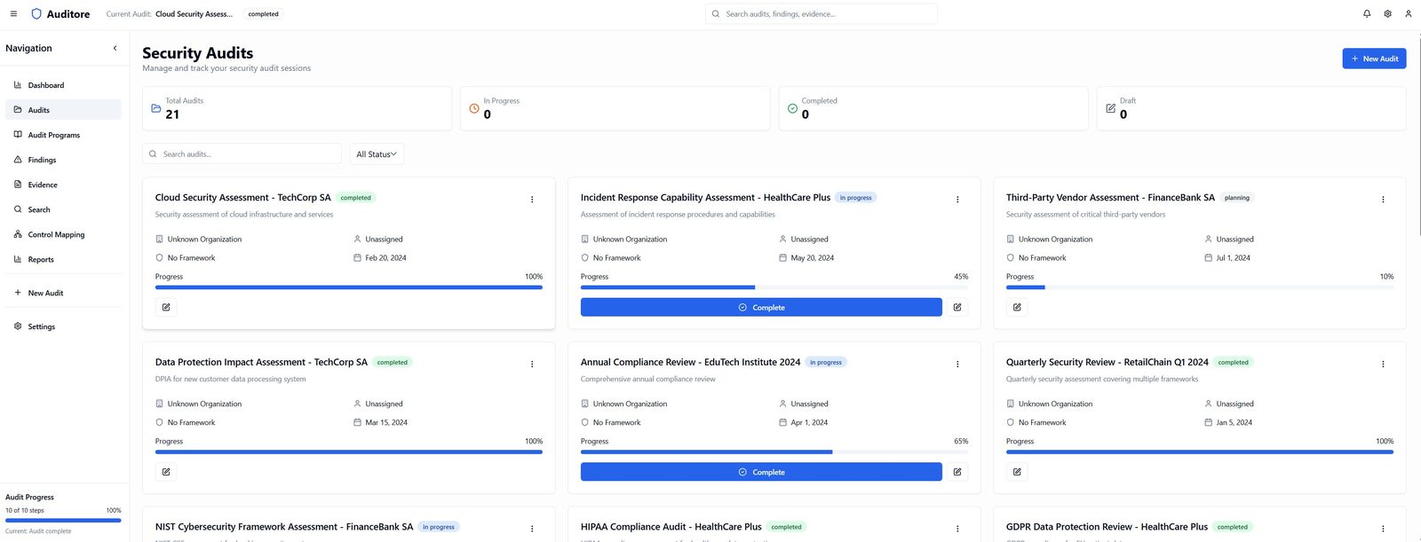 Auditore audits: engagements with progress, severity and status